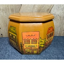 1970s Vtg Octagon Wooden Box W/Hand Painted Small Town Scene Set To Make Purse