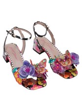 Betsey Johnson Maranda Black Multi Floral Butterfly Applique Block Heel Sz 5M