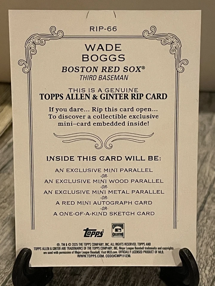 Tarjeta Wade Boggs RIP #157/199 2025 Topps Allen & Ginter SIN RASGAR Boston Red Sox Foto 2 de 2