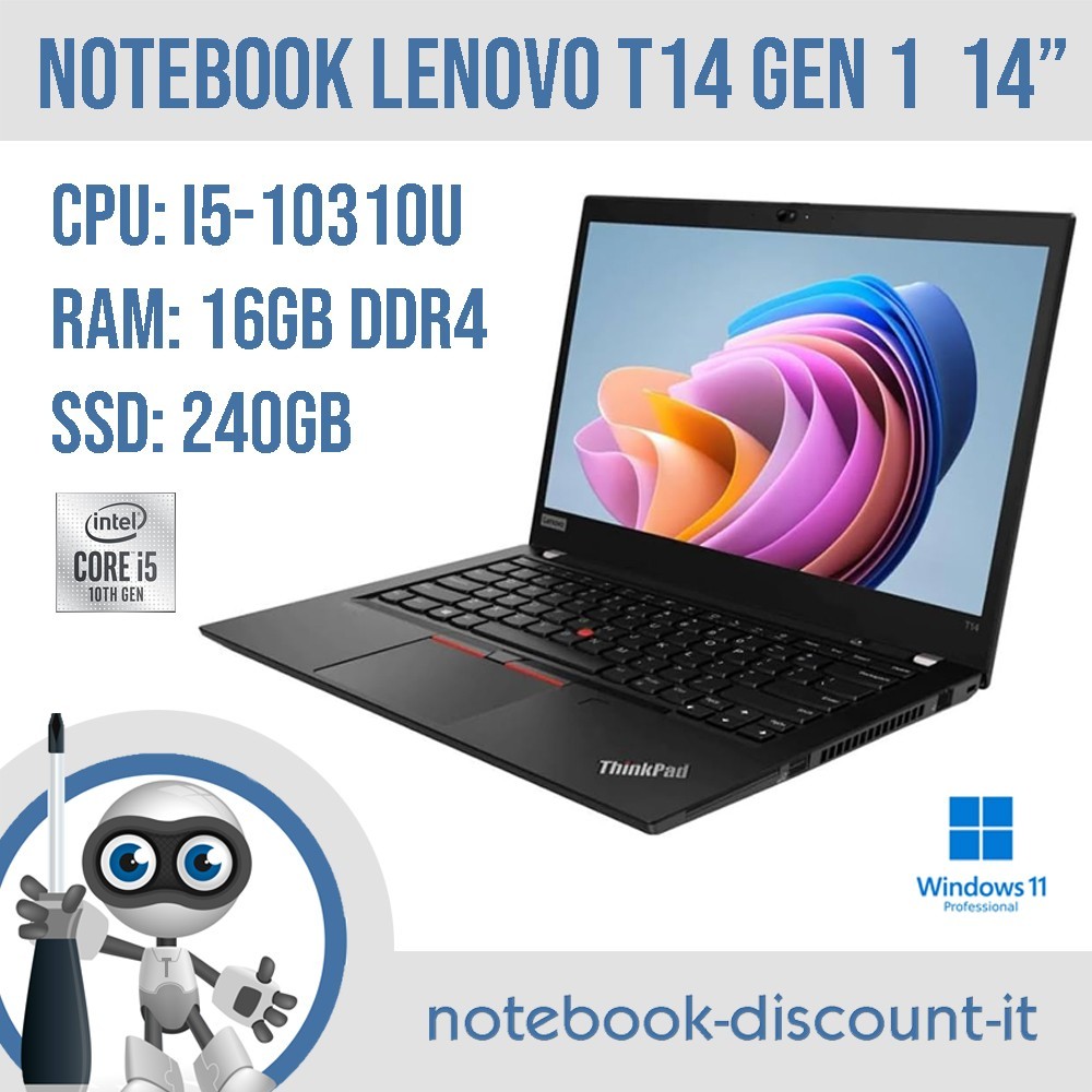 Notebook LENOVO ThinkPad T14 14" Cpu i5-10310u Ram 16Gb DDR4 SSD 240Gb Win11Pro