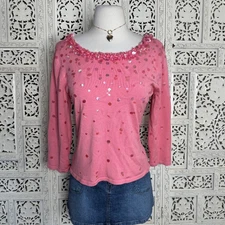 Talbots Pink Sequin Fairy Core 3/4 Sleeve Coquette Ribbed Blouse Sz Medium