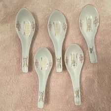 White Ceramic Asian Floral Soup Spoons Set of 5 Gold Red Glossy Reusable