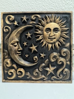 Sun and Moon Relief Wall Art 9  X 9  Celestial Antique  Style Plaque Home Decor