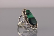Sterling Silver Twisted Bezel Green Malachite Statement Band Ring 10g 925 Sz: 6