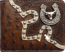 Longhorn Men Wallet Western Bifold Check Book Style W011-17 Ostrich Brown