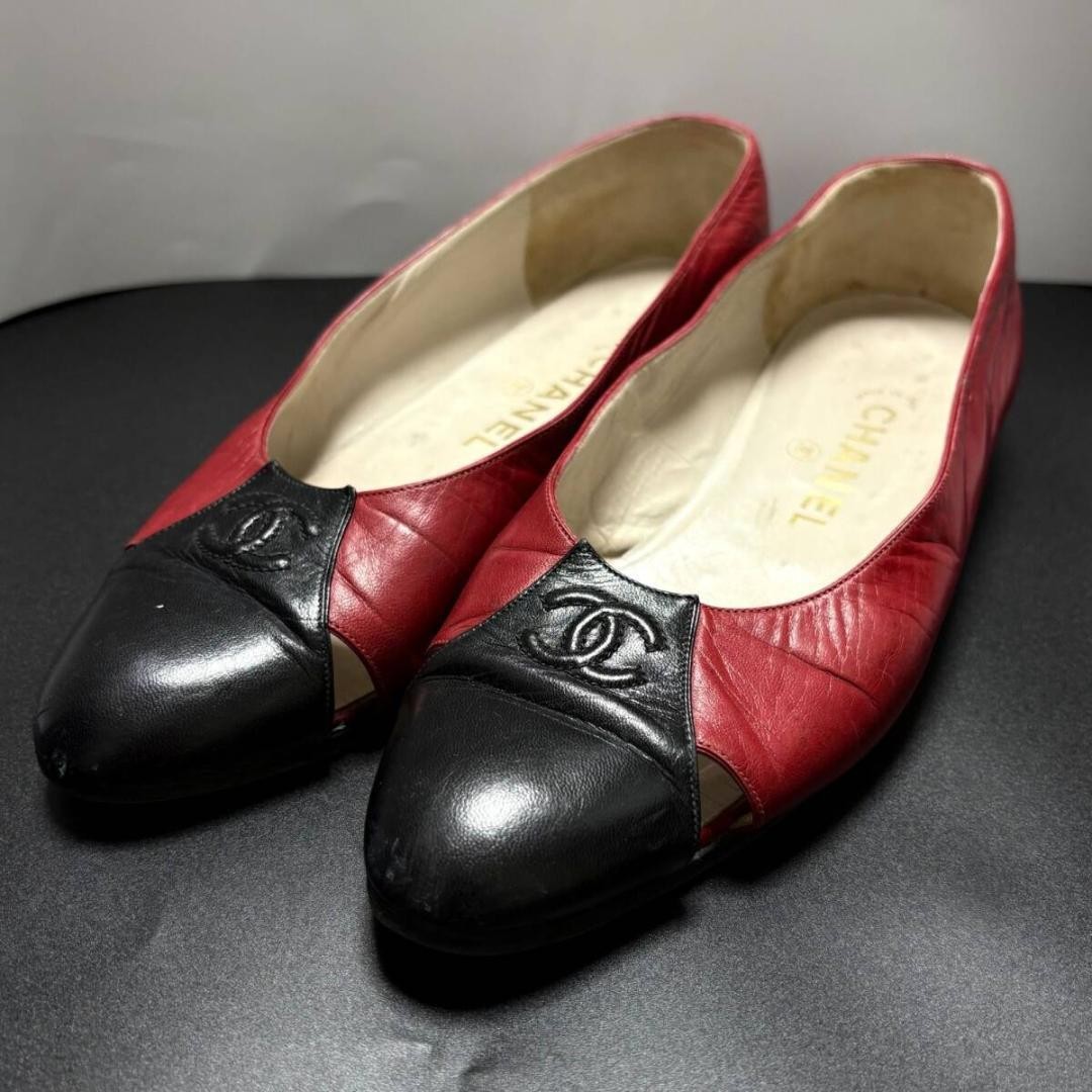 Rare CHANEL Pumps Flats Shoes Coco Mark Leather Bi-color Size 36.5 US 6.5