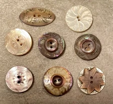 Victorian Carved Shell Antique Button Group Of 8 With Unique Carving