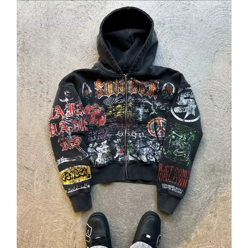 Herren Y2K Grafik Reißverschluss Hoodie Grunge Streetwear Sportbekleidung Sweatshirt S-2XL - Bild 5 von 12