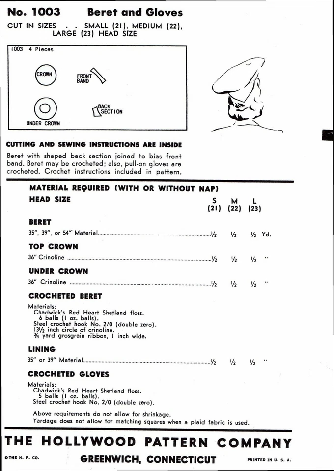 Hollywood #1003 Beret Hat & Gloves Crochet & Fabric Sewing Pattern 1940s Fashion - Image 2 of 2