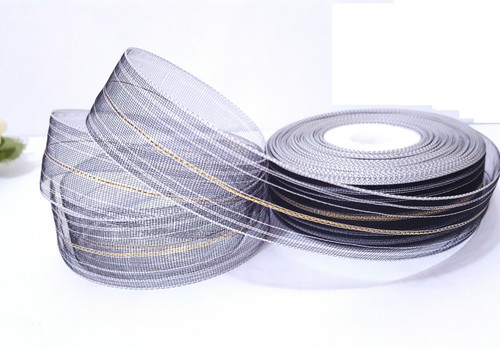 1" 25mm wide - 33y Sheer Black Mesh Polyester Ribbon w/ Gold Metallic Line PR59 - Picture 2 of 9