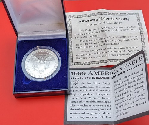 1999 American Eagle Walking Liberty 1 oz .999 Fine Silver Dollar Colorized W COA - Picture 8 of 11