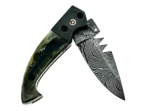 Handmade Damascus Steel Folding Pocket Knife For Hunting Hiking & Camping - Picture 5 of 11