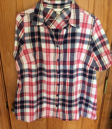 Women's White Stag Red & Blue Plaid Button Up Short Sleeve Shirt Size Large
