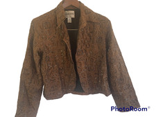 CHICO'S Size 1 or Medium Brown Sequins 100 Silk Open Front Short Blazer