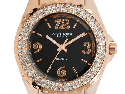 Akribos Ladies Crystal Black Ceramic Rose Gold Tone Quartz 