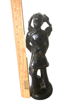 Mid Century Modern Chinese Figurine Asian Statue Black Pottery Female 12'' Signed