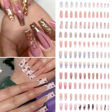 Press On Nails Long Blue Heart Coffin False Nails Star Shiny Ballerina Fake Nail