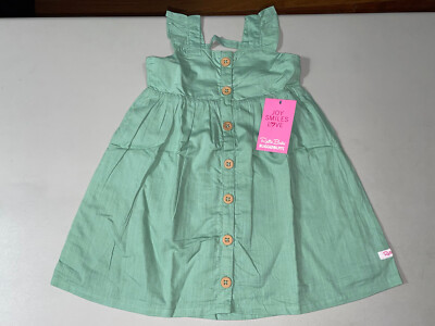 RuffleButts Baby Girl's Dusty Jade Slub Flutter Button Front Dress 2T