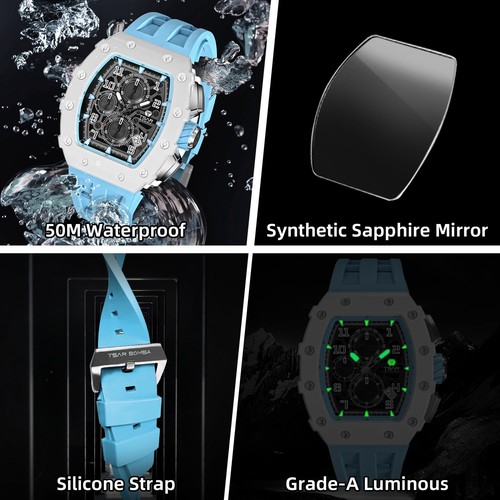 TSAR BOMBA Luxury Quartz Watch Tonneau Design 5ATM Chronograph - Aqua Blue - Picture 8 of 9