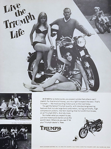 1968 Triumph 650 Motorcycle Print Ad 2 girls in bikinis - 第 1/1 張圖片