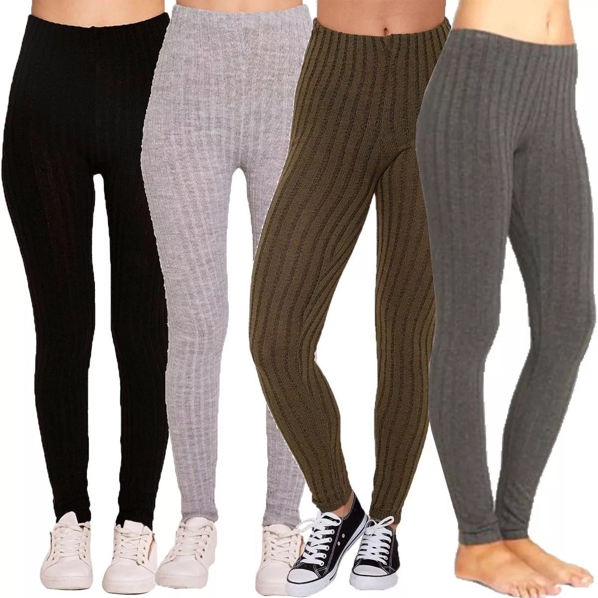 Ladies Plain Warm Thick Chunky Cable Ribbed Knitted Leggings UK Plus Size  8-22