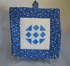 New Blue Quilted Fabric Pot Holder Handmade with Blue Stenciled Design
