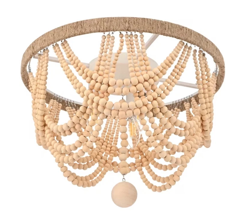 Flush Mount Chandelier Ceiling Light Fixture Shabby Beige Chic Wood Beads 16" - Изображение 4 из 4
