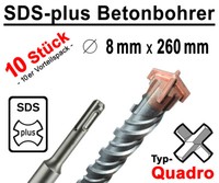 10 StüCk Sds-Plus Betonbohrer 8 X 260 Mm Quadro Bohrer Hammerbohrer Steinbohrer