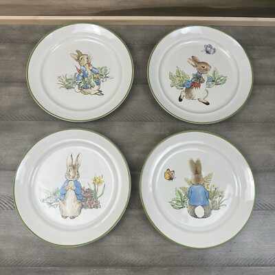 Pottery Barn Peter Rabbit Bunny Stoneware Salad Plates Set of 4 White Multi NWOB