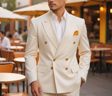 Men's Ivory Double Breasted Blazer Slim fit Elegant Casual Business Office Coat