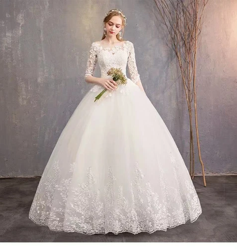 Long Sleeve Wedding Dresses O-neck  Lace Appliques Tulle Bride Gown Floor length