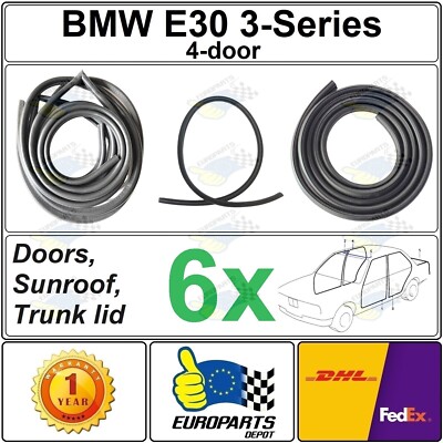 1985 BMW E30 4-Door Sedan 6-Pc Weatherstrip Set for Doors, Sunroof, Trunk Seal