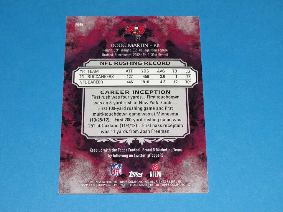 2014 Inception DOUG MARTIN #56 Purple Variant/99 Tampa Bay BUCCANEERS Boise St - Image 2 of 2
