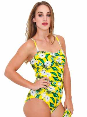 La Moda Womens Yellow & Green Tropical Floral Print 1 Piece Swim Suit
