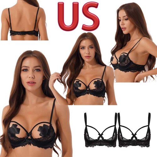 Womens Lace Lingerie Half Cups Underwired Bra Open Bralette Nightwear Tops