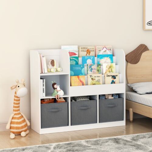 Kids Bookcase & Bookshelf with 3 Collapsible Fabric Drawers, Multifunctional