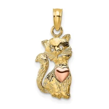 14k Two-tone Gold Cat Heart Charm Pendant Perfect Gift for Her