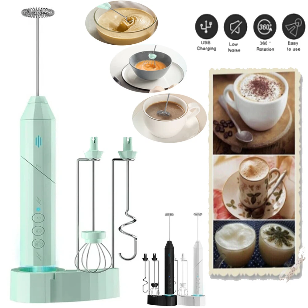 Milk Frother Handheld, USB Rechargeable Electric Foam Maker w/ 3 Heads for Latte