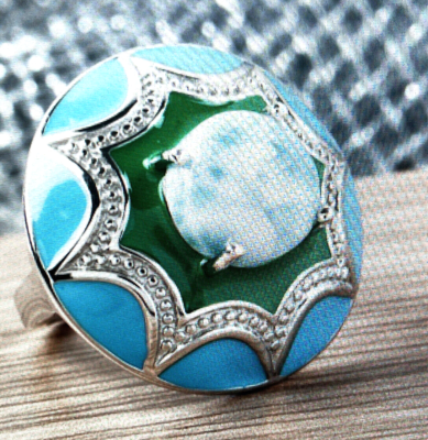 Larimar and Enameled Flower Ring 7 Platinum Over Sterling Silver