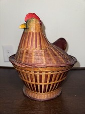 1960s Vintage Chicken Folk Art Wicker Wood Bamboo Lidded Basket