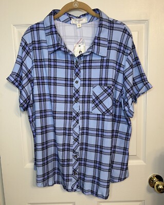NWT No Comment Junior Plus Sz 3X Blue Plaid Stretch Knit Button Down Shirt Top