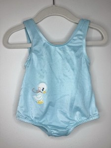Grace Vintage Girls Baby Swimsuit 1970’s Retro Duck Appliqué 12-18 Months Aqua