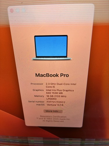 Apple A1708 MacBook Pro 13" 2017 i5-7360U 16GB 250GB SSD 13.7.6 MPXQ2LL/A-part - Afbeelding 4 van 15