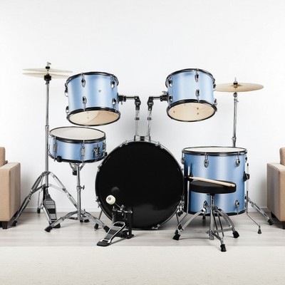 5-Piece Full Size Adult Beginner Drum Kit - Light Blue Cymbal Pedal Stool Sticks