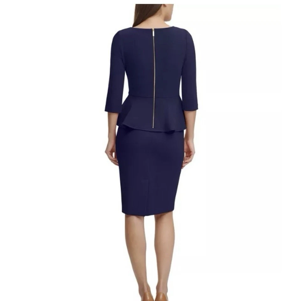 Vestido Vaina Calvin Klein Azul Marino Volantes Peplum Manga 3/4 Talla 16 Foto 4 de 4
