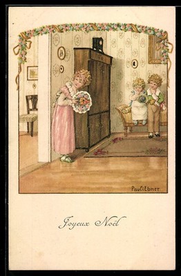 Artist postcard Pauli Ebner: children hide for a surprise 