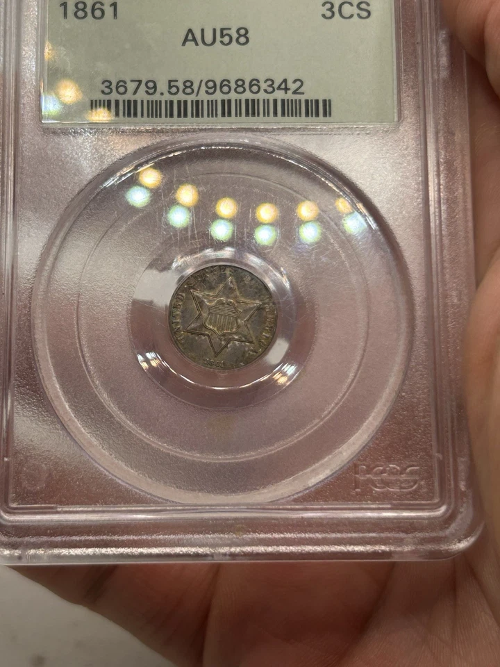 1861 U.S. 3 Cents 3CS THREE PCGS AU58 OGH! Tough Date! Nice Color & Eye Appeal** - Image 2 of 4