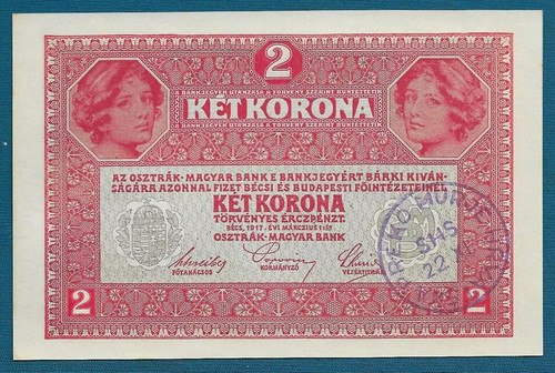 2 Korona Ket Korona 1917. Austria banknotes, regional stamp PREKOMURJE SHS - UNC - Foto 1 di 2