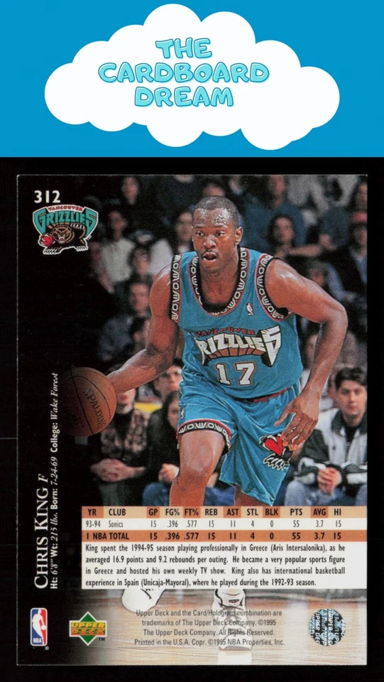 Chris King 1995-96 Upper Deck Electric Court #312 Vancouver Grizzlies - Image 2 of 2