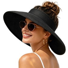 Sun Hats Visor for Women, UV UPF Straw Beach Hat One Size, Bowknot Black